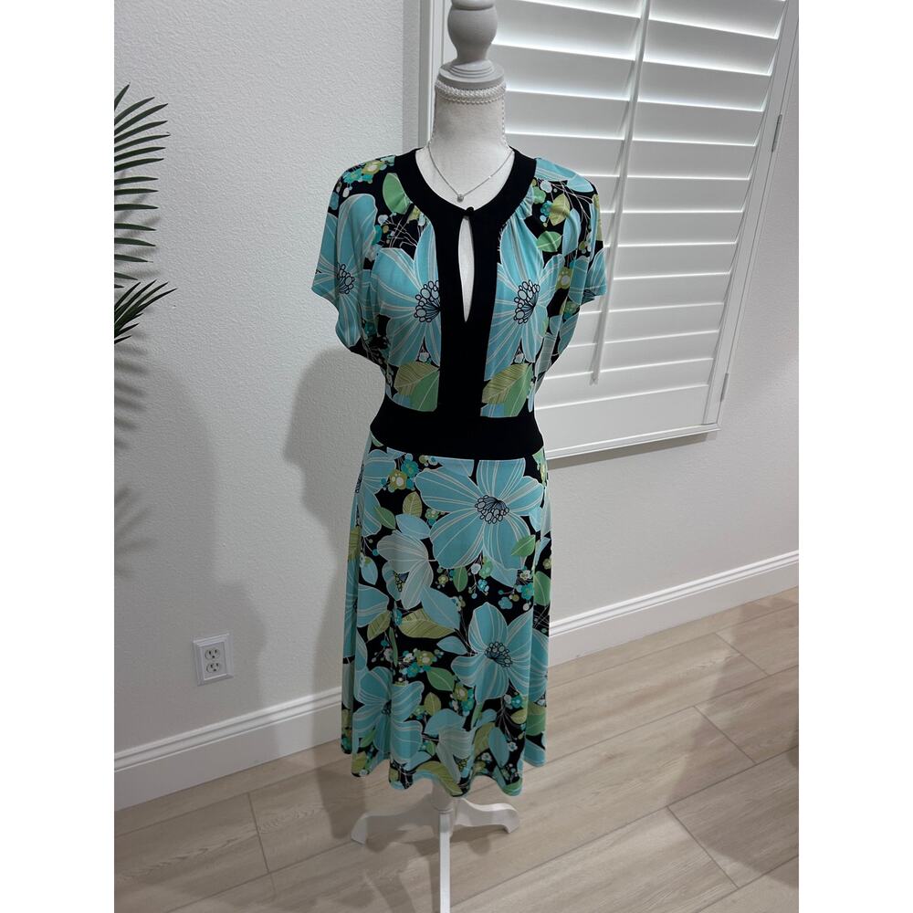 Vintage Dressbarn floral print Aqua Blue A-line dress with black trim Size 14